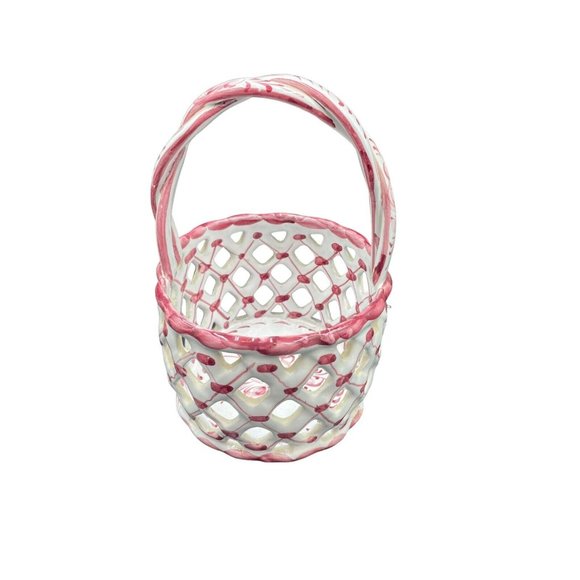 Ceramic Woven Egg Basket Portugal Hand Painted Braided Handle Pink White 7” - Picture 2 of 8